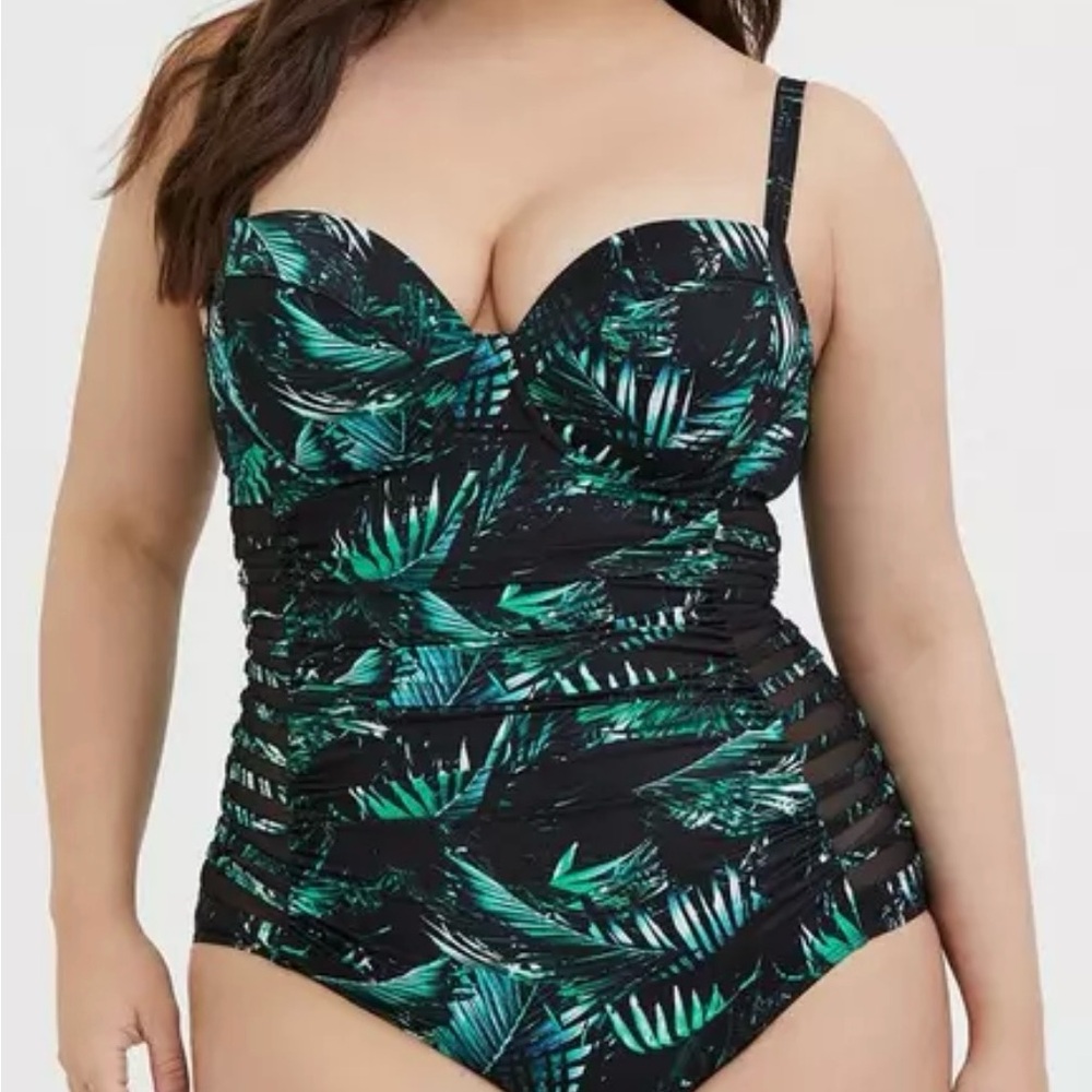 Torrid One Piece Swimsuit Size 2 DD/F Black Green Tropical Mesh Cage Side